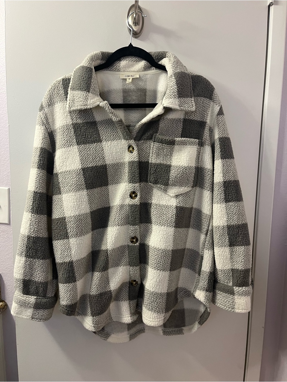 Como Blu-Cozy Gray & White Plush Plaid Jacket - Size M PTP 23/L 30